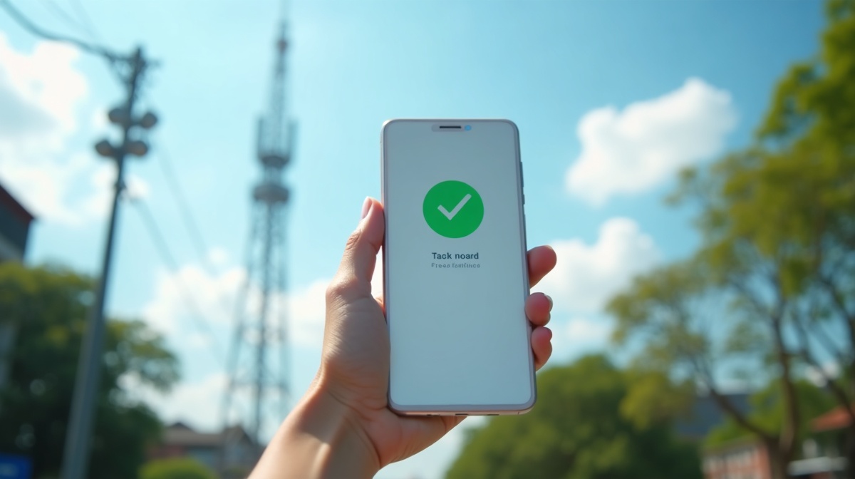 Close up of a smartphone running the Unetwork app showing task completion with a telecom cell tower visible in the background
